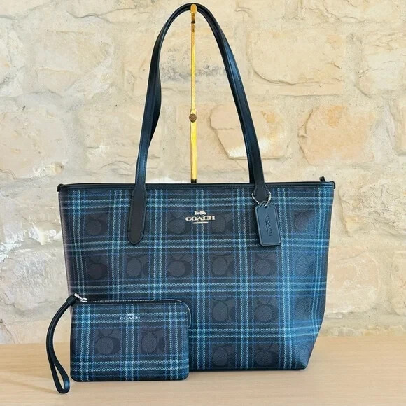 Coach Shirting Plaid Print Zip Top Tote In Signature Canvas Handbag+Wristlet NWT