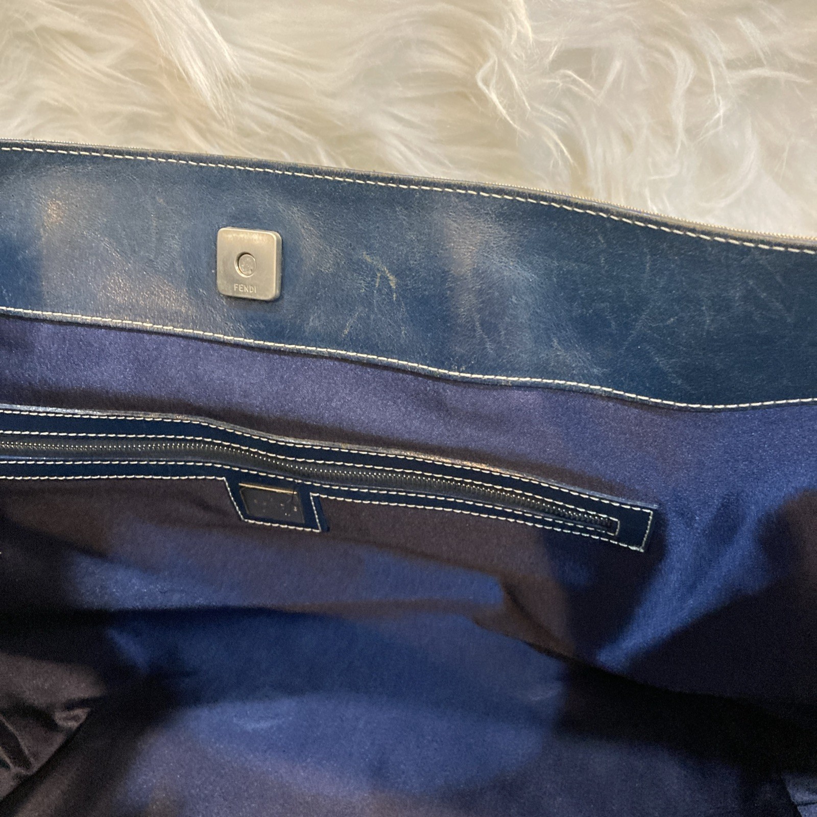 FENDI Zucchino FF Monogram Large Tote Bag Navy Canvas Leather 49cm Vintage