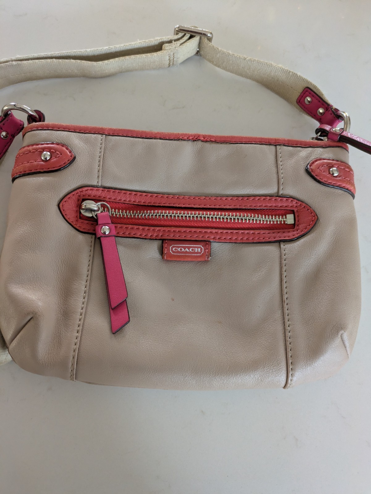 Coach Daisy Spectator Leather crossbody bag in beige, pink and orange