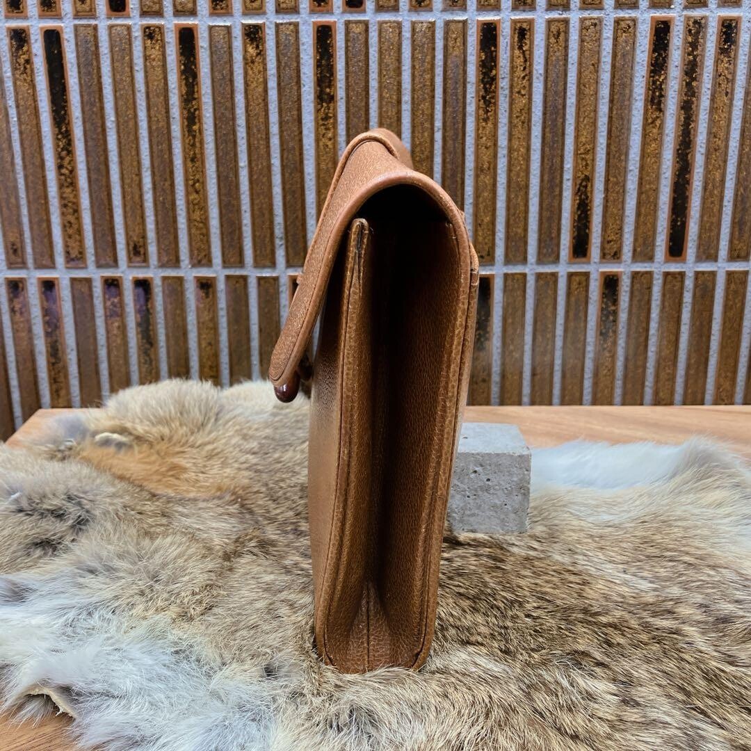 Yves Saint Laurent Brown Leather Clutch Bag Wooden Toggle Men 27.5cm Vintage