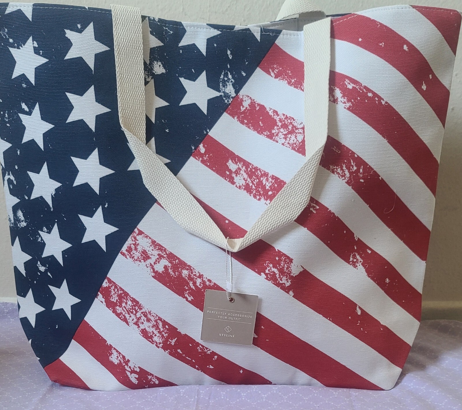AmericanFlag Tote Women BeachBag with extra pouch, pompom keychain and wristlet