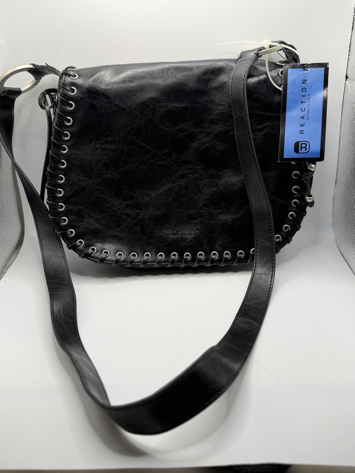 Kenneth Cole Black Shoulder Saddle Bag Silver Hardware Zip Inner Pockets NWT