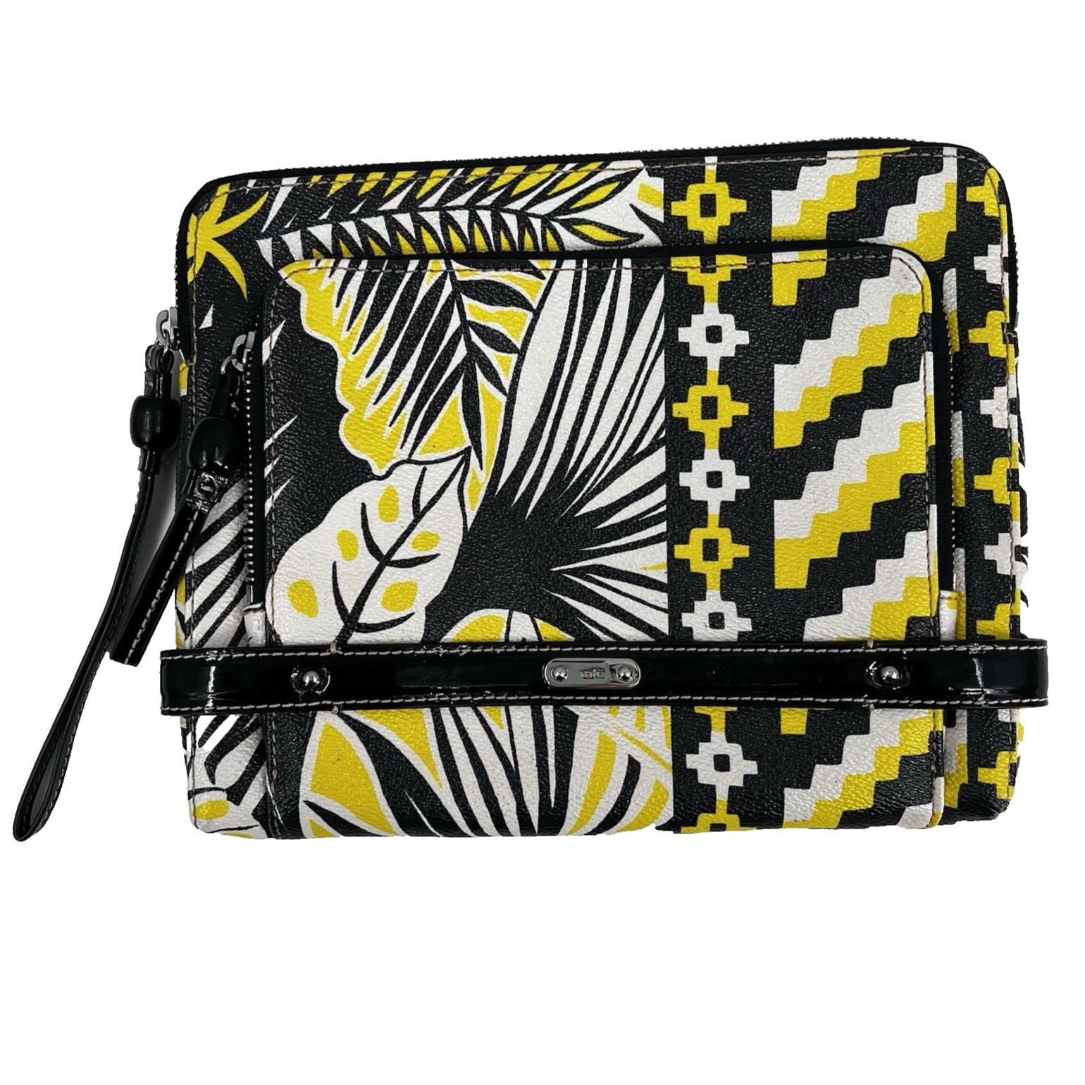 Rafe Leather Clutch Wristet Strap Black Yellow Tropical Bead Handle