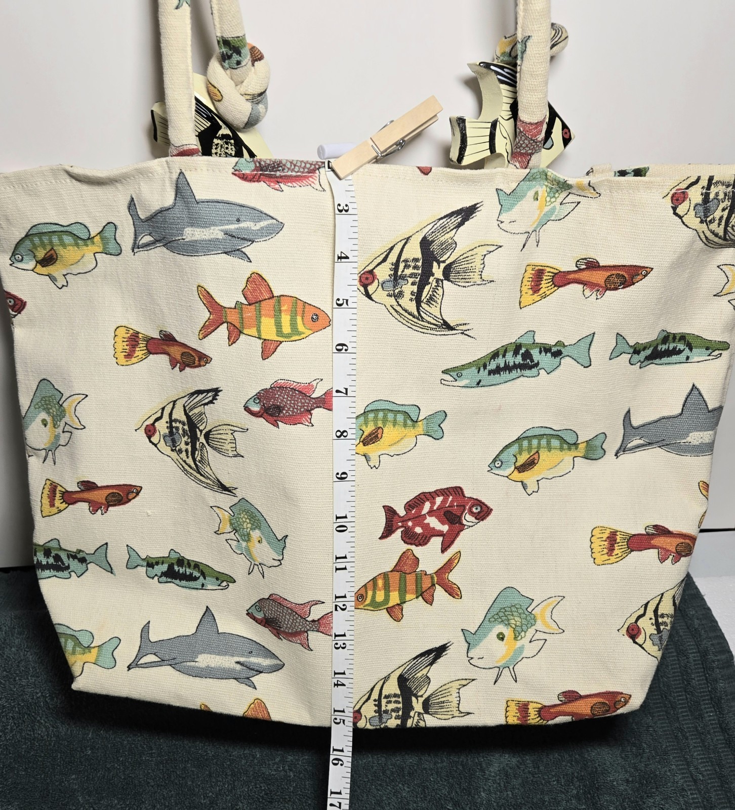 Unique Coastal Fish Print Cotton Canvas Tote Beach Bag Wood Fish Accents 21″