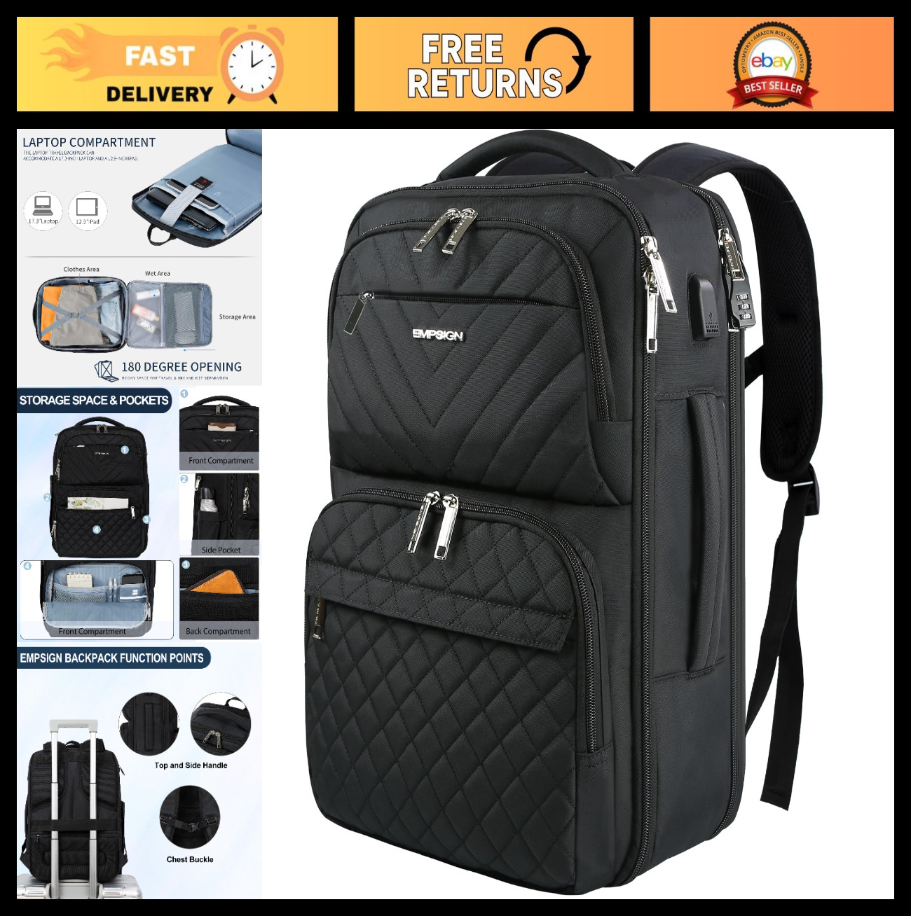 Large Travel Backpack for Women, TSA Approved 17″ Laptop Bag, USB Port, Casual D