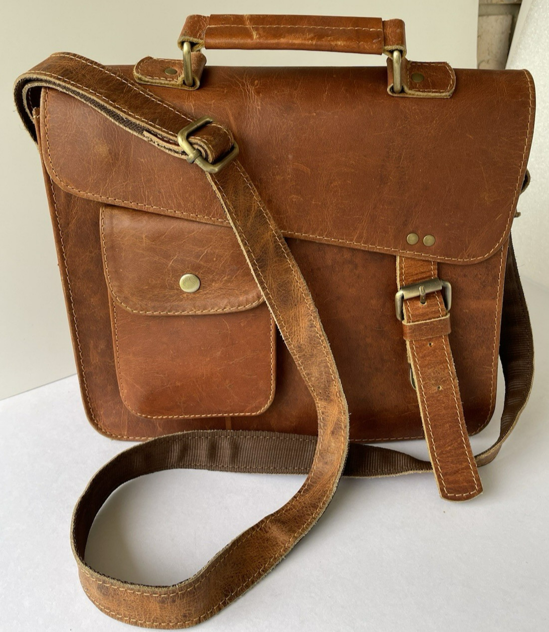 Vintage ~ Handmade Leather Messenger Handbag Purse Satchel ~ 11″ x 9.5″ x 3.25″