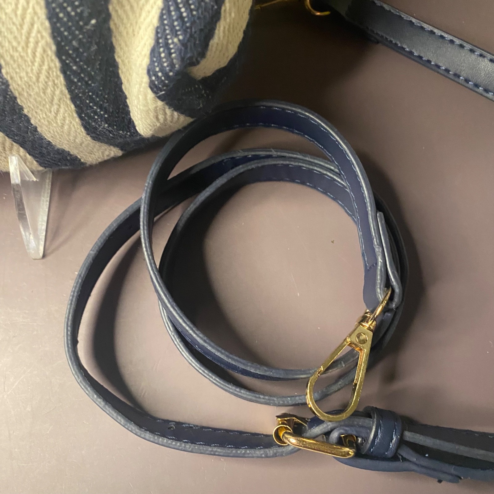 Navy Striped Canvas Wood Frame Purse-Detachable Strap-Nautical-Summer