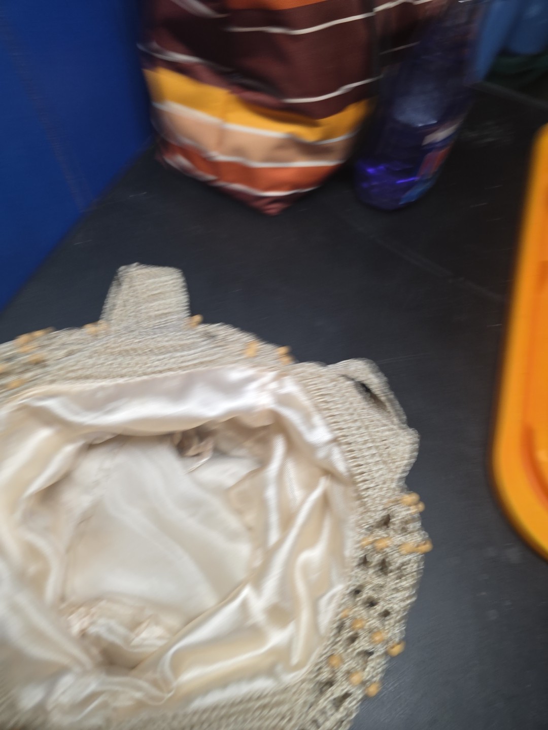 Beige Crochet Bag Purse Double Shoulder Straps Drawstring Closure Inside