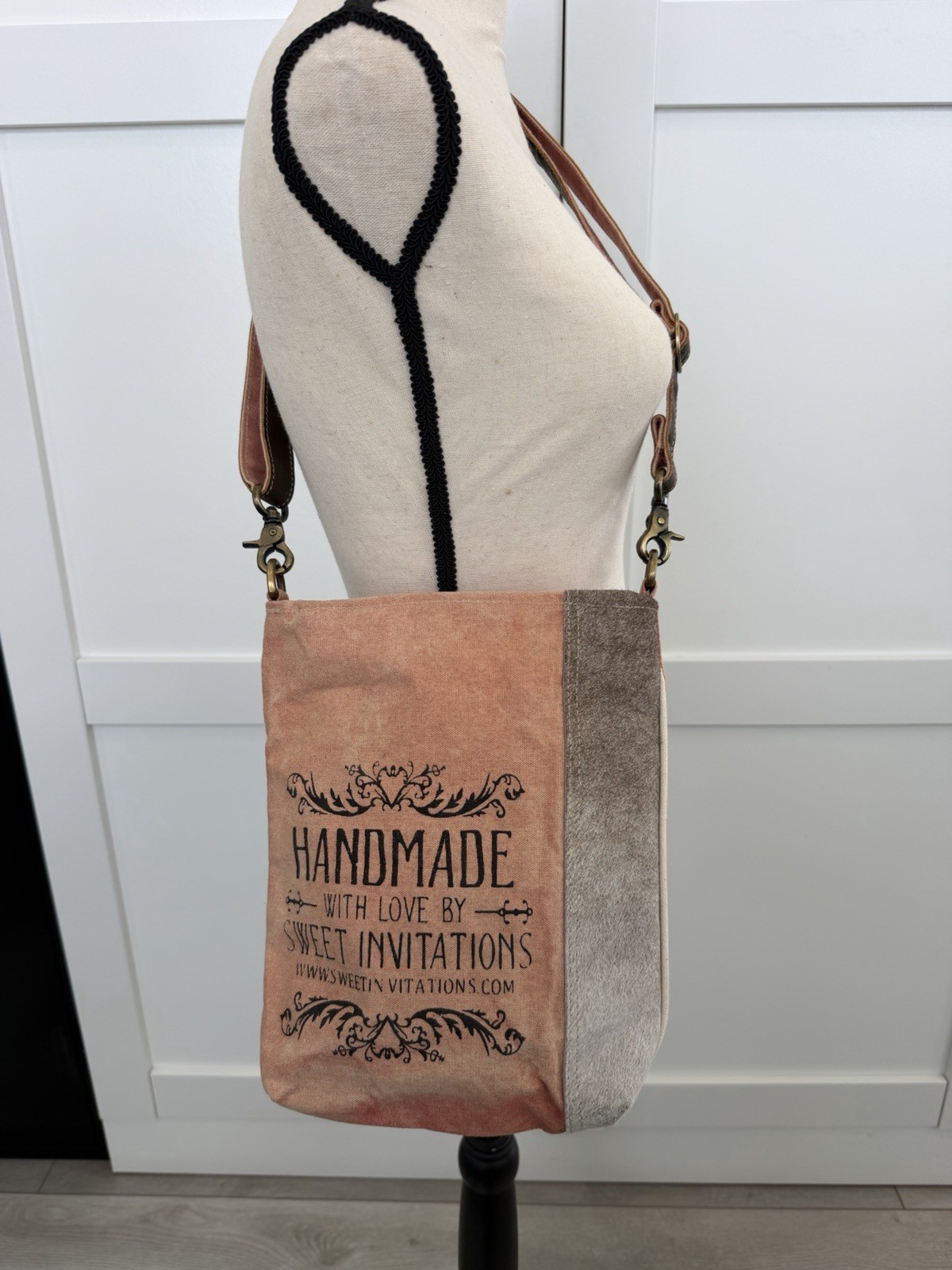 Sweet Invitations Shoulder Bag Printed Design Pink Gray Handmade Adjustable Str…