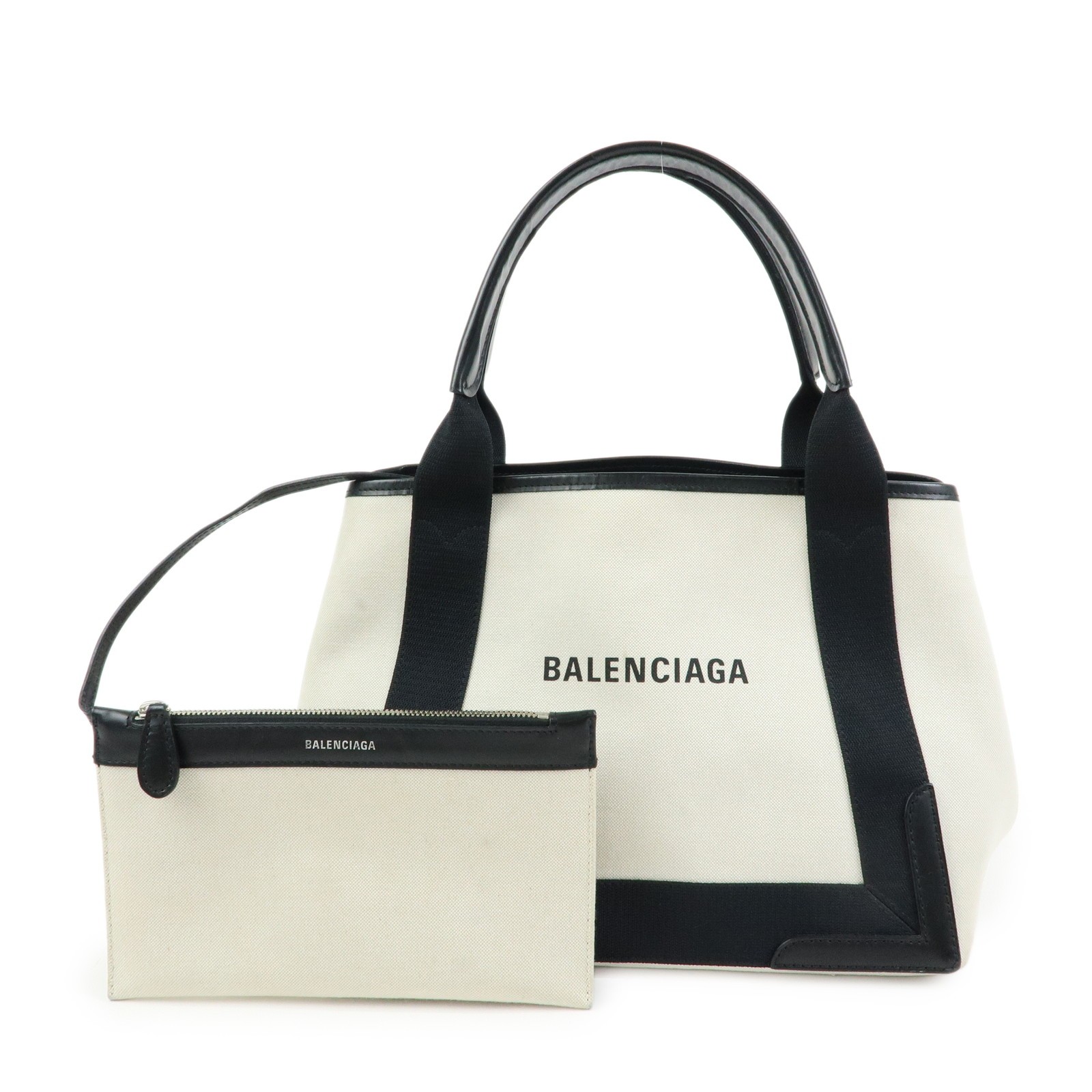 BALENCIAGA Navy Cabas Small Canvas Leather Tote Bag Ivory 339933 Auth Used F/S