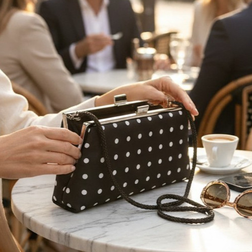 DESIGNER LA REGALE POLKA DOT EVENING CLUTCH PURSE 9X4.5X2 INCHES
