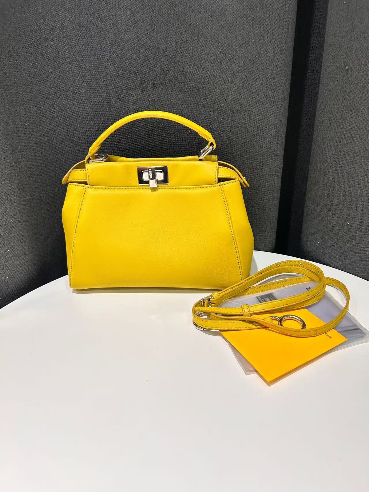 Fendi Small Yellow Full Grain Leather Peekaboo Handbag Made in Italy