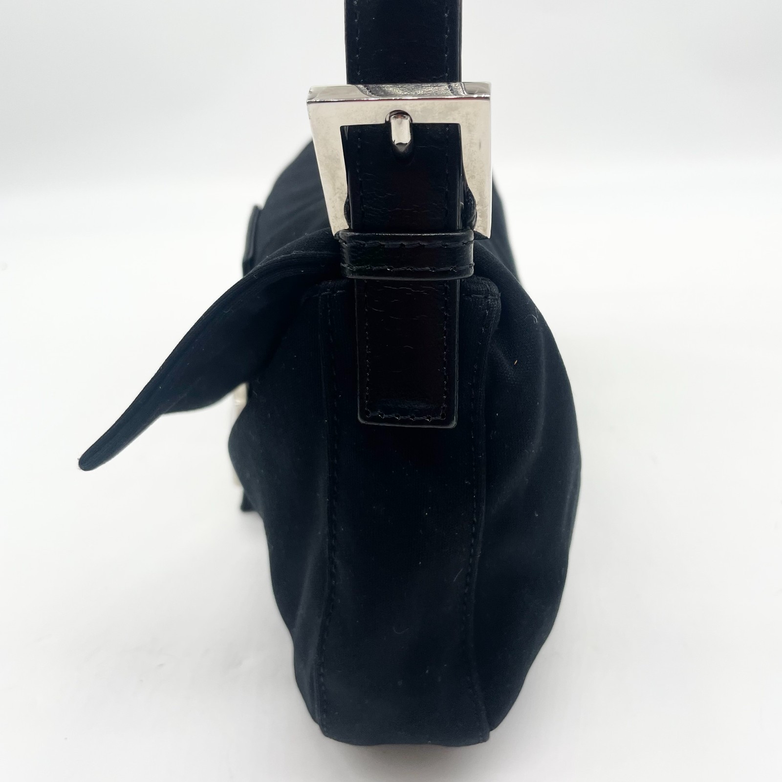 FENDI Shoulder bag Mamma Baguette FF logo Handbag Black Leather Cotton Auth
