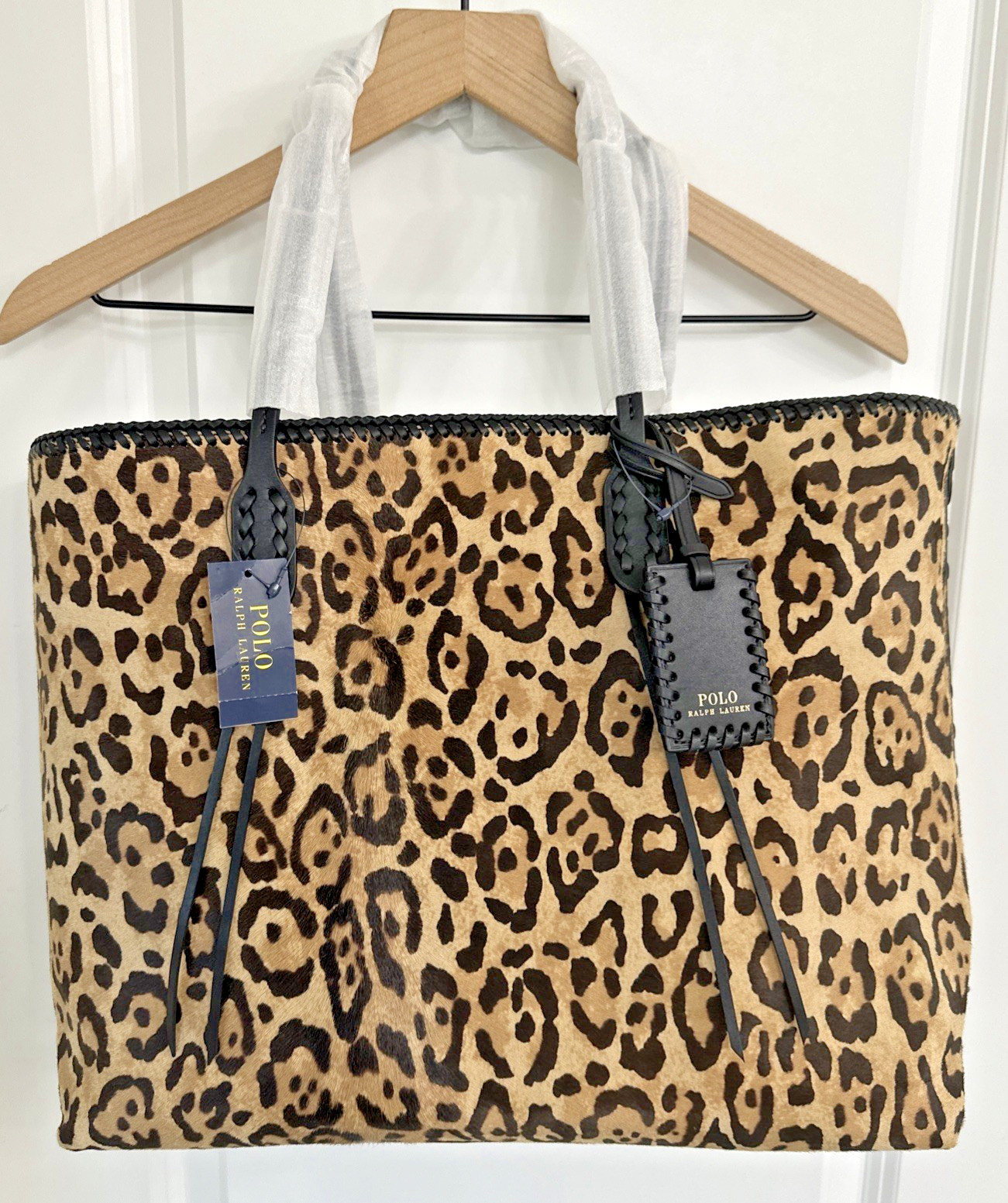 Polo Ralph Lauren Animal Print Calf Leather Real Fur Tote Bag Black Multi RARE