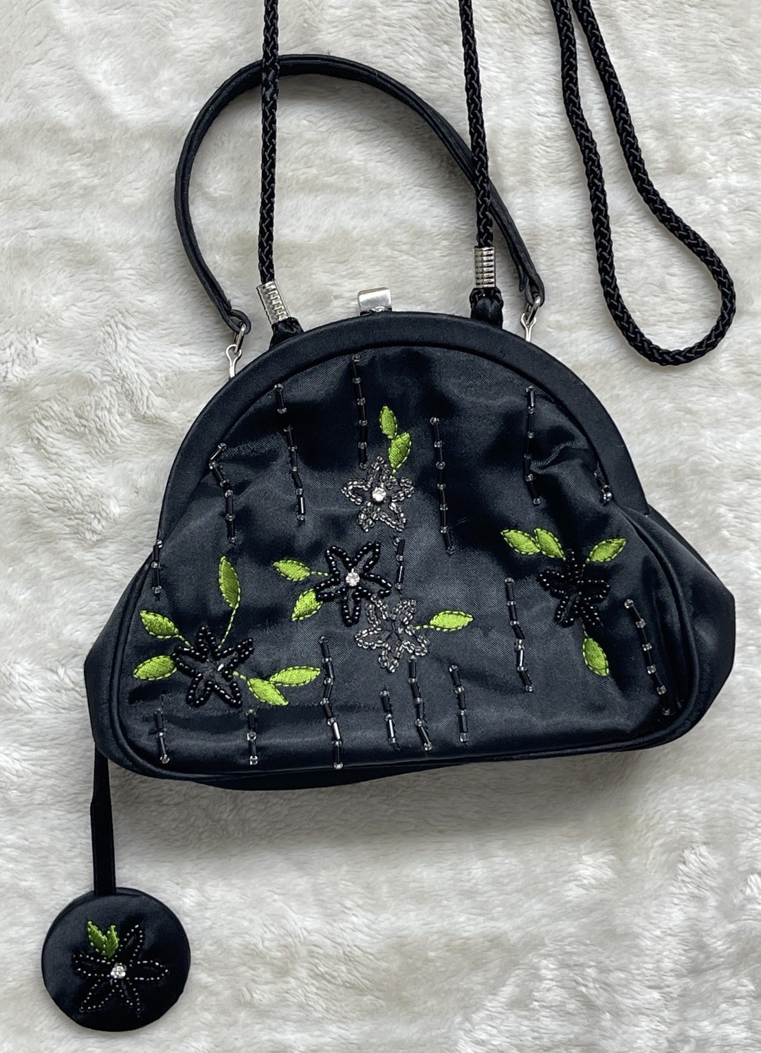 Valerie Stevens Satin Beaded Evening Purse Crossbody/Shoulder bag w/Mirror Small