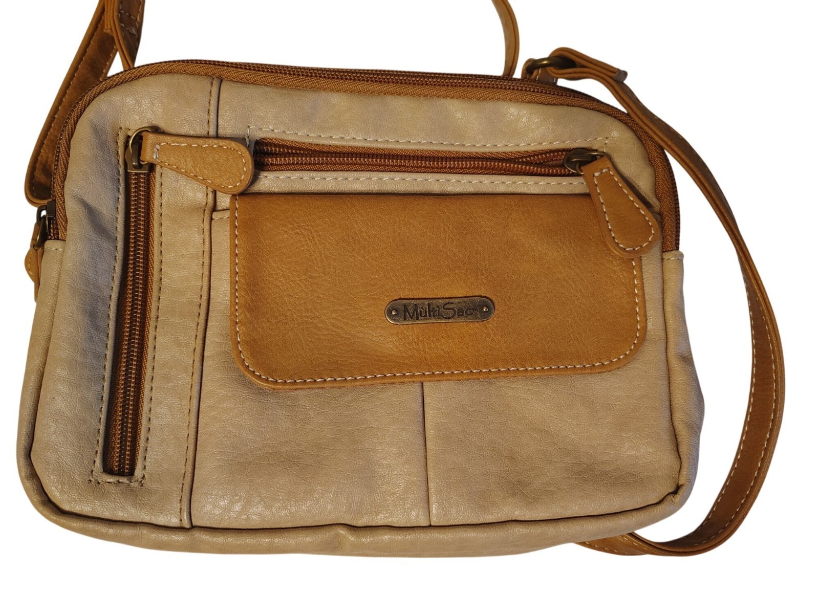 Vintage Multi Sac Leather Purse Bag Tan Brown Adustable Strap Zip Close, Pocket