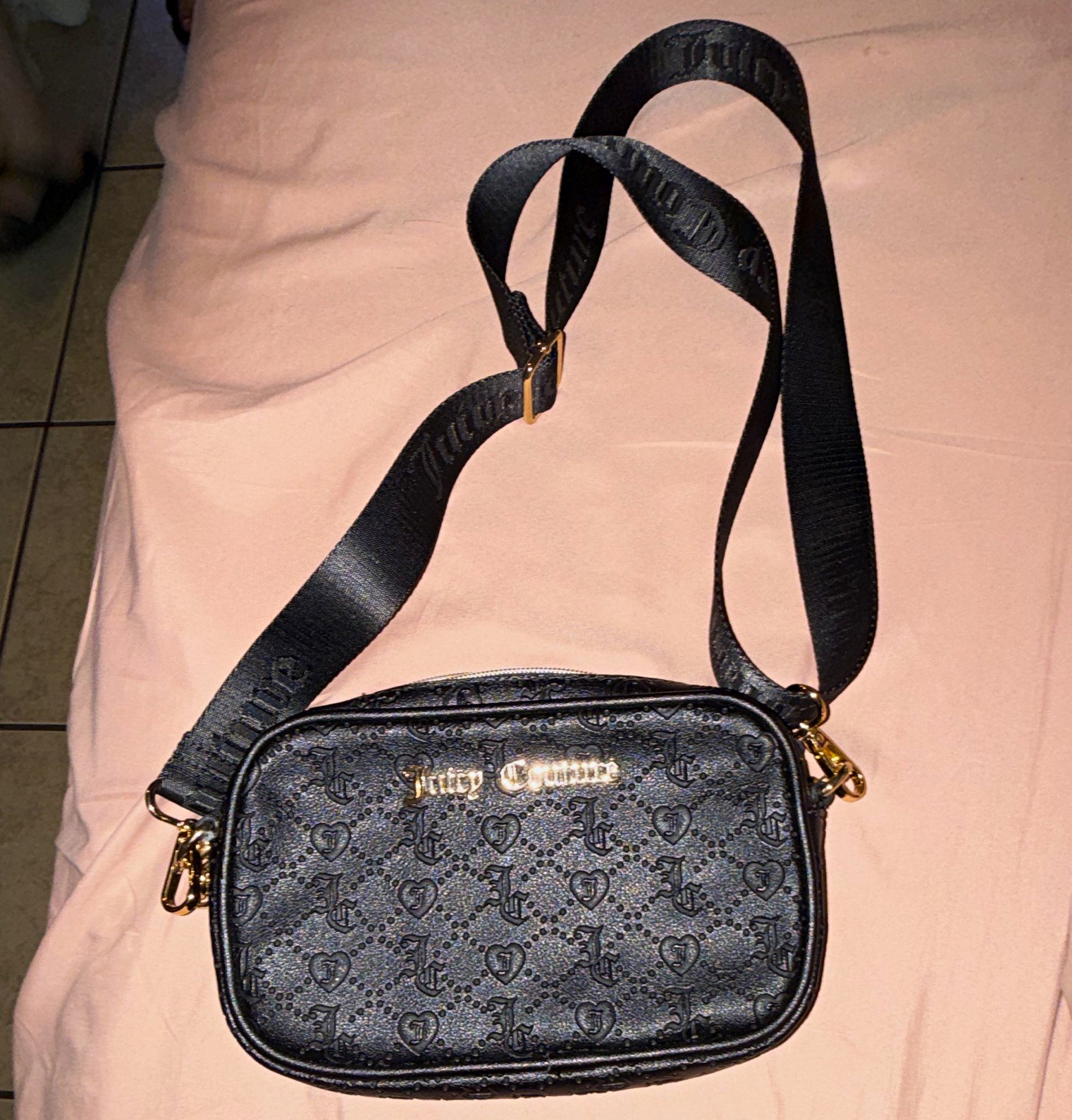 Juicy Couture Black Logo Pattern Crossbody Bag, Gold Hardware, Detachable Strap