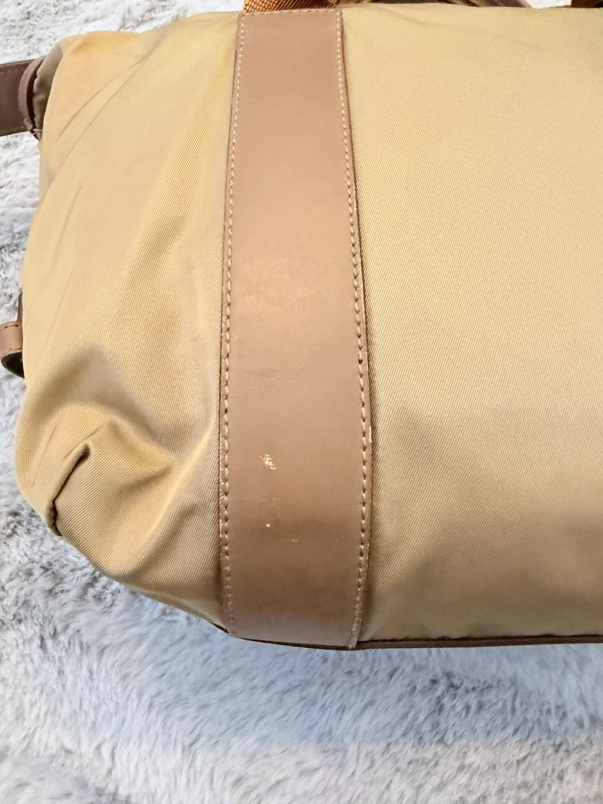 PRADA Tessuto Nylon Handbag Beige Tan Leather Trim Vintage Bowler Bag AUTHENTIC