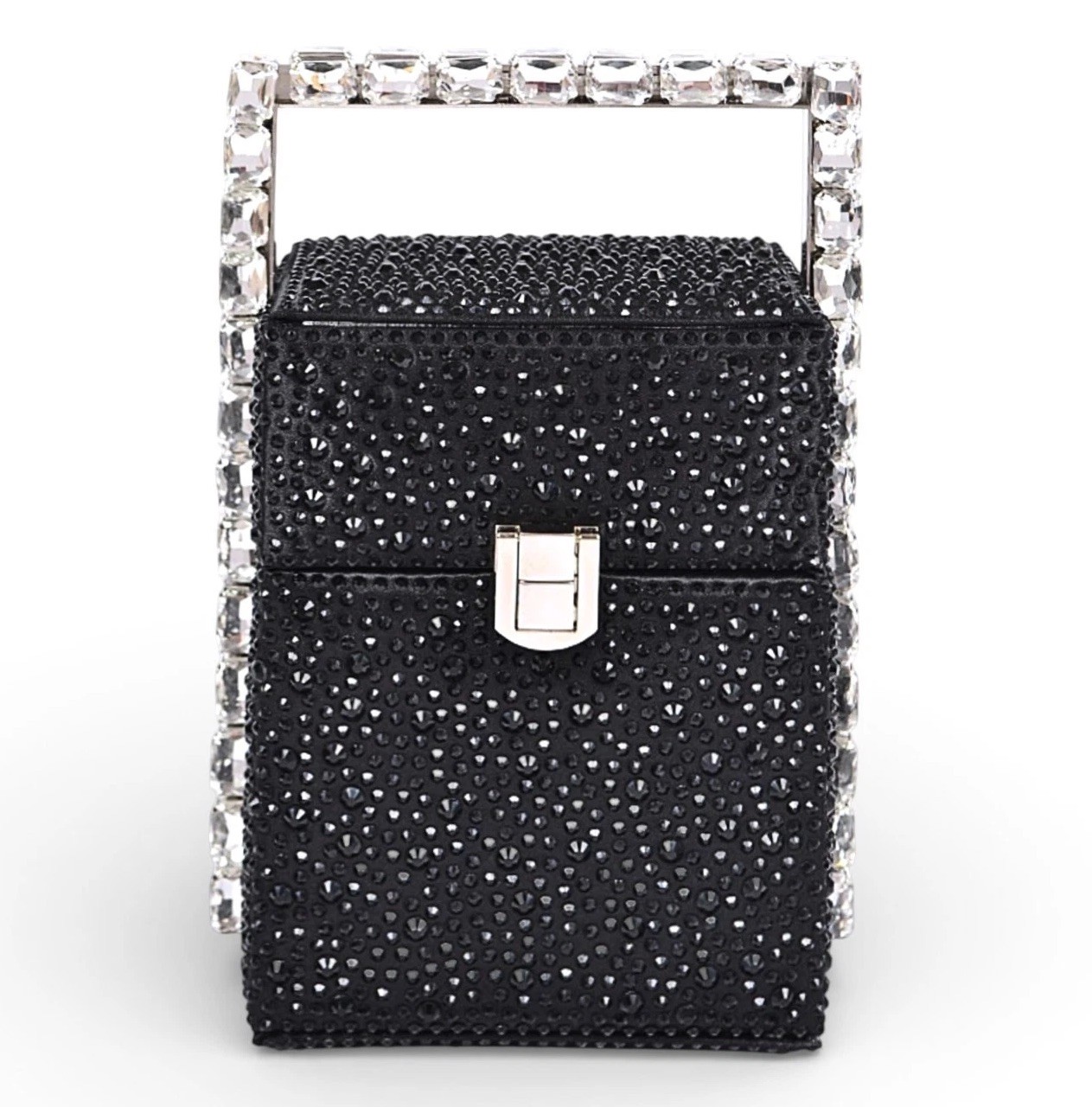 NEW Black Rhinestone Box Purse Top Handle Convertible Chain Evening Clutch