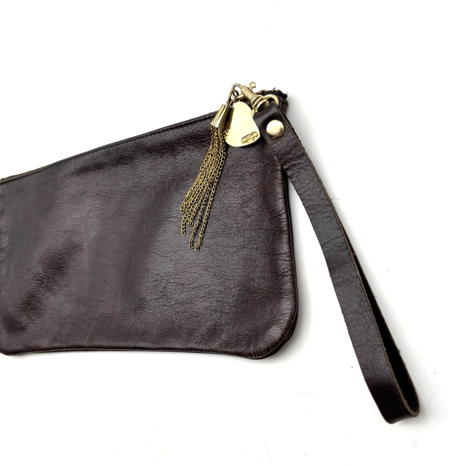 Vintage 90s Moss Mills USA Brown Genuine Leather Bag Charm Zip Wristlet 10×5.5″