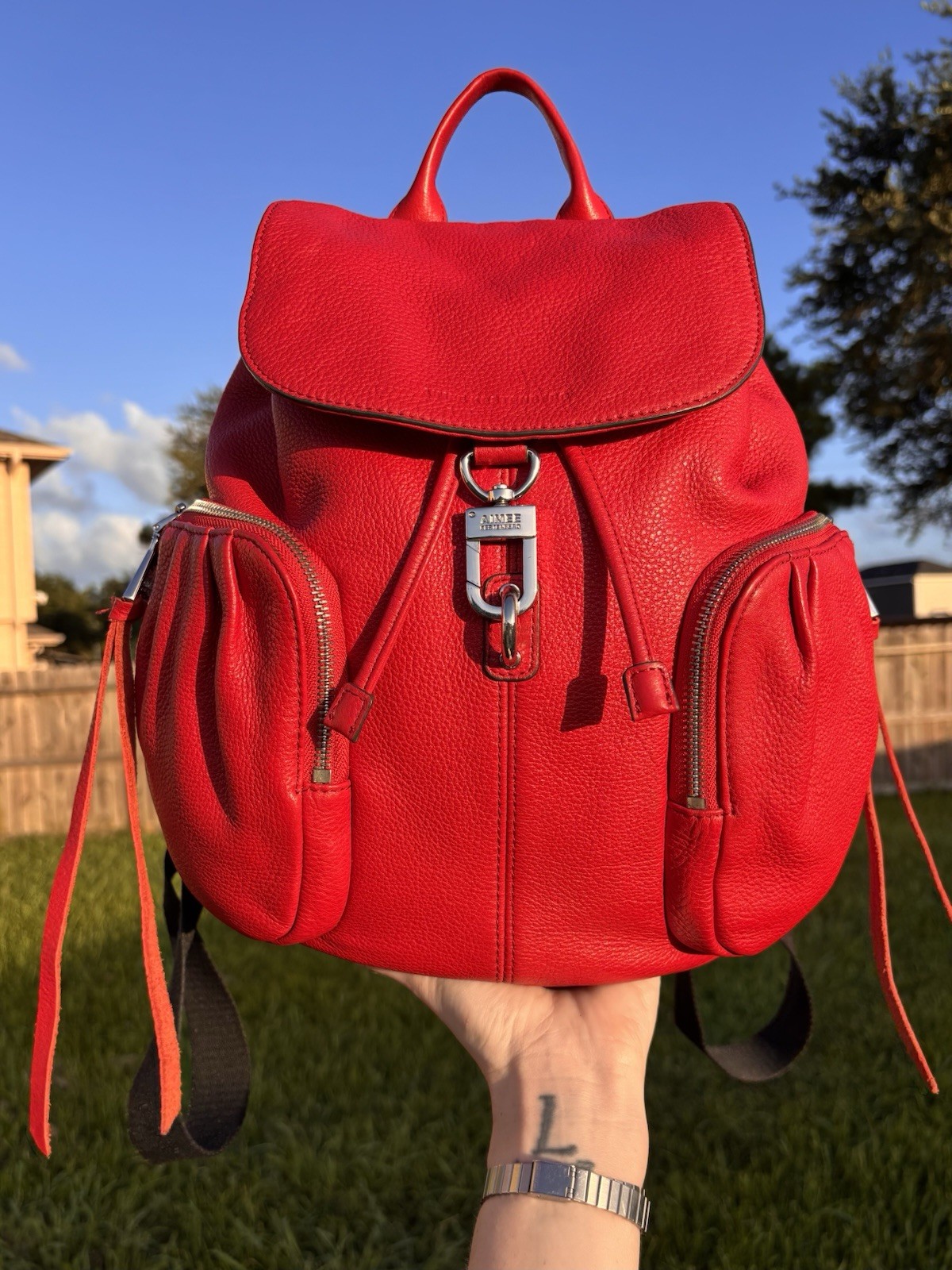 Vibrant Red Pebbled Leather Utility Bucket Drawstring Backpack Aimee Kesten Bag
