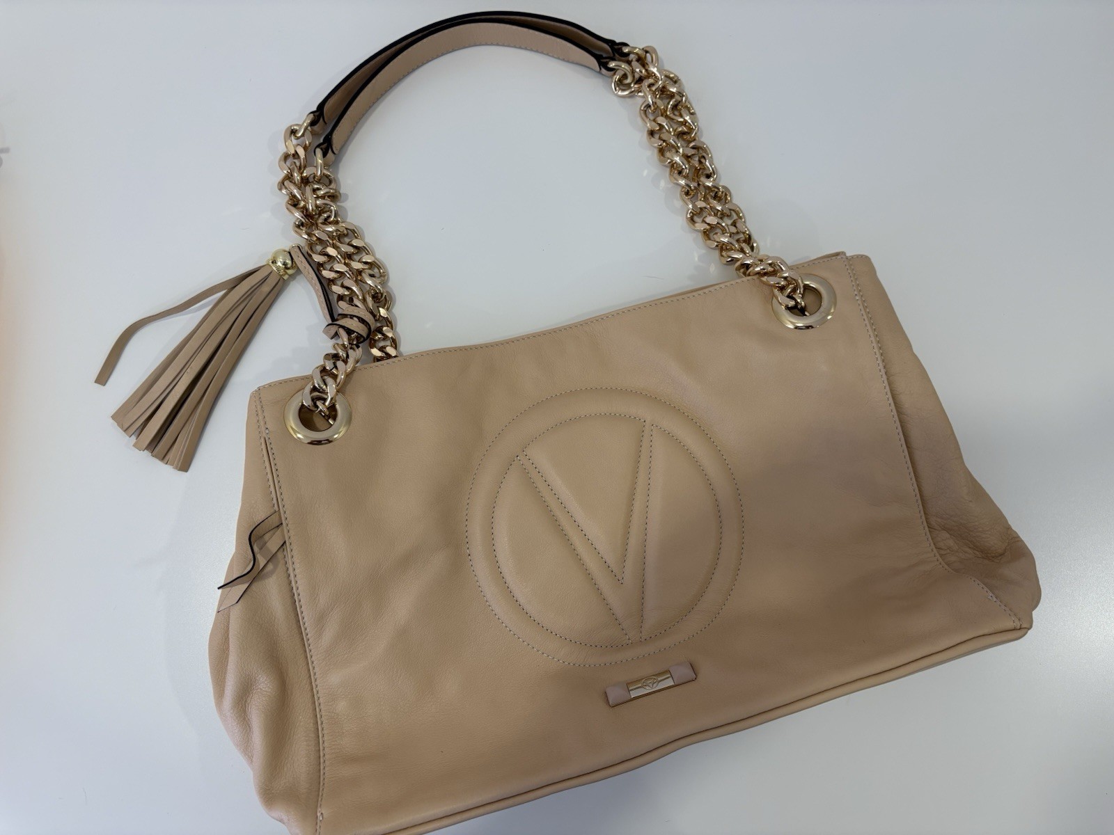 Valentino Beige Large Shoulder Bag Gold Chain Strap Tassel Logo Zip Dust Bag