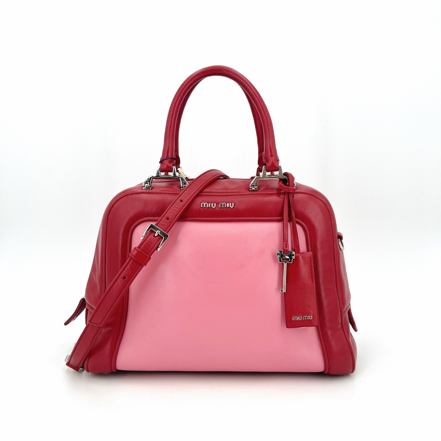 Miu Miu Bowling Bag Normal Size Red&Pink Colorblock Leather Handbag Crossbody US