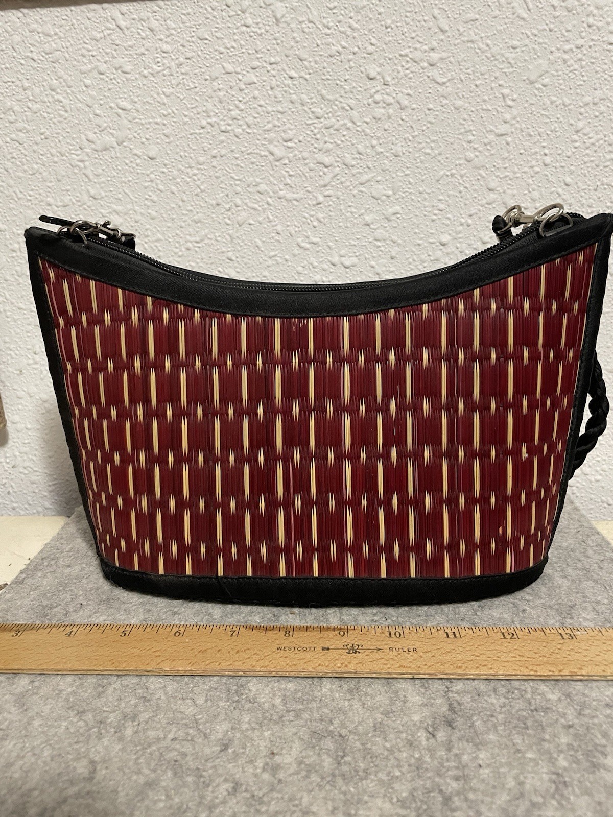 Burgundy/Black Trapezoid Shoulder Bag Zip Closure Detachable Strap, Lined