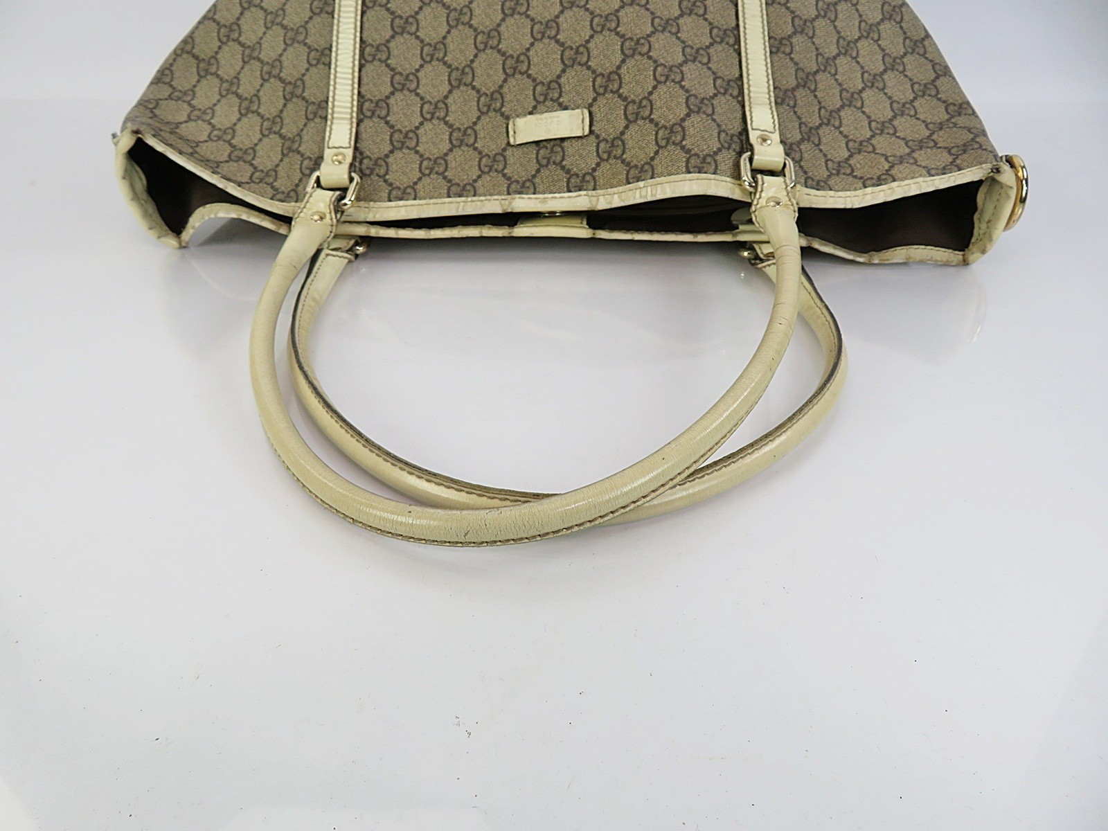 Auth GUCCI Joy Brown GG PVC Canvas and Off-White Leather Supreme Tote Bag #64223