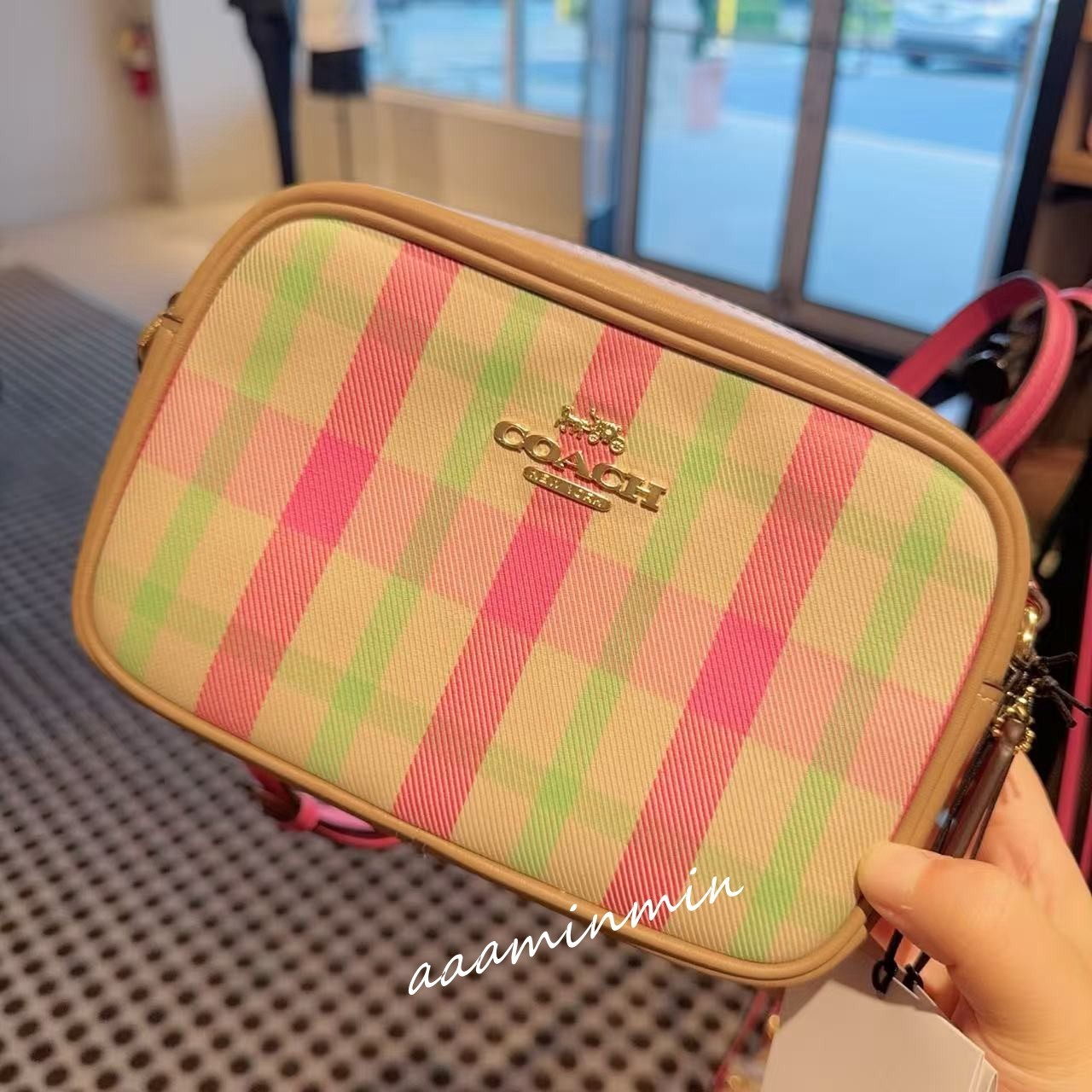 NWT COACH Mini Jamie Camera Bag With Plaid Print CBM37 Gold/Pink