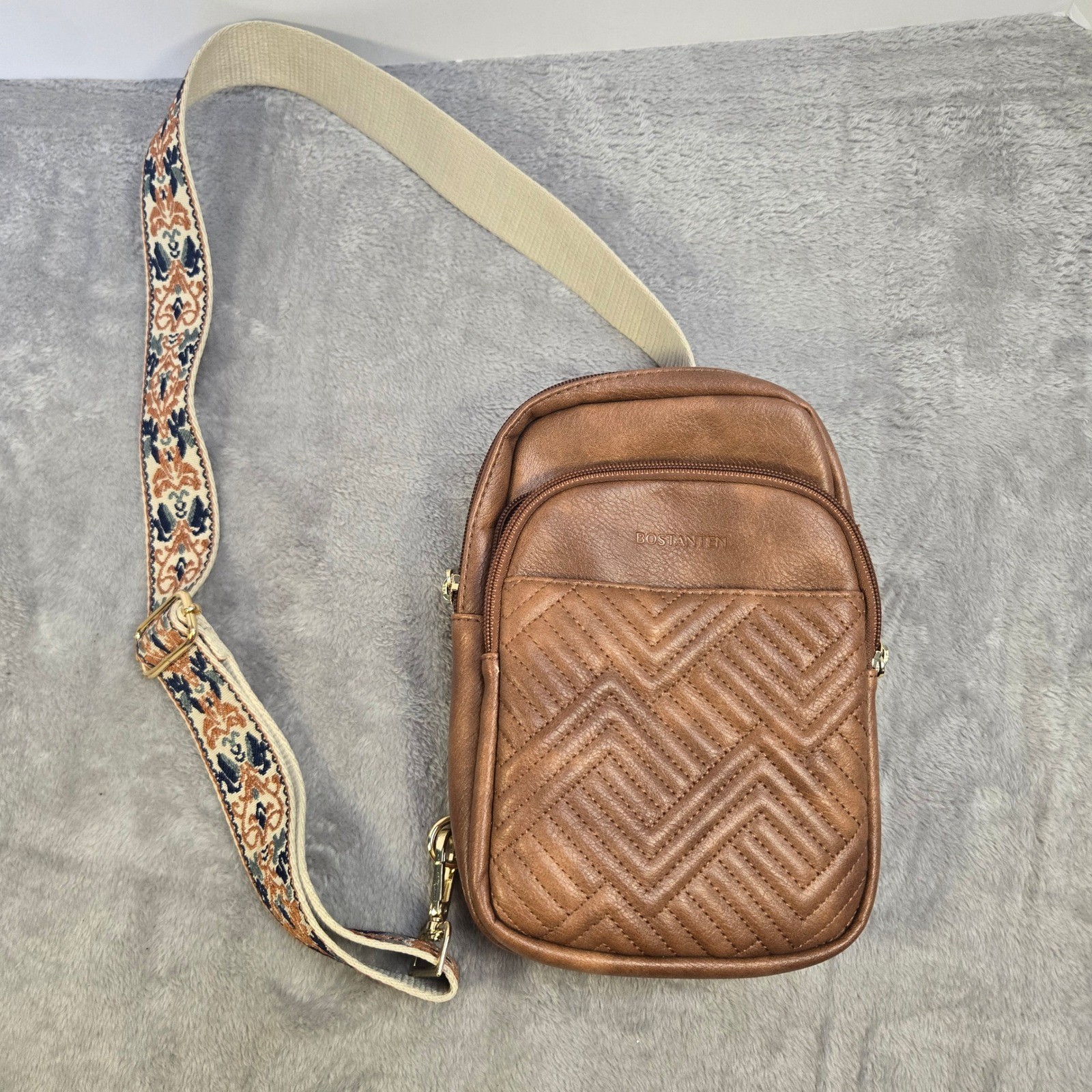 Bostanten Brown Vegan Leather Sling Bag Quilted Crossbody Bohemian Strap 0426 K