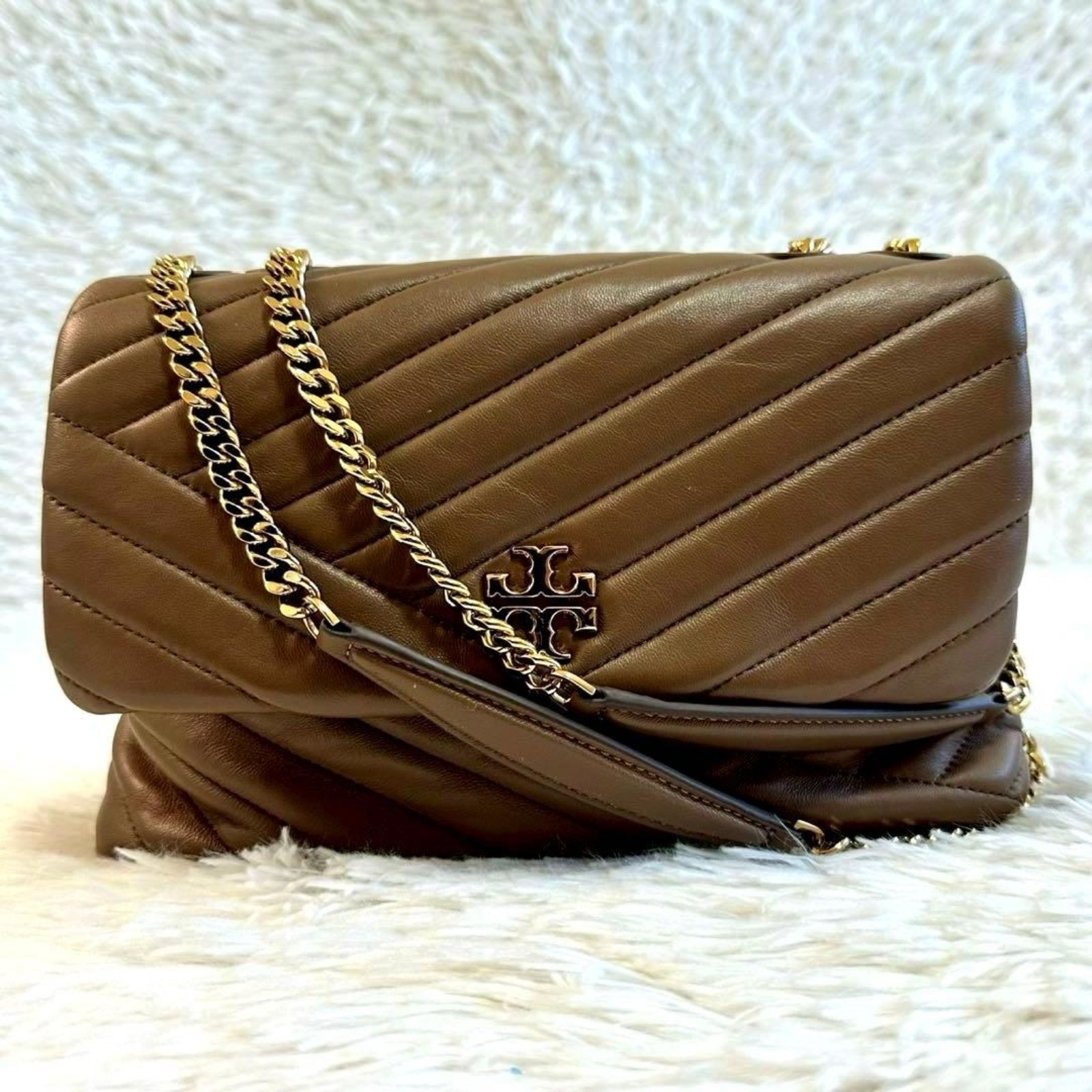 Tory Burch Kira Chevron Convertible Shoulder Bag Brown Leather Gold Chain EUC