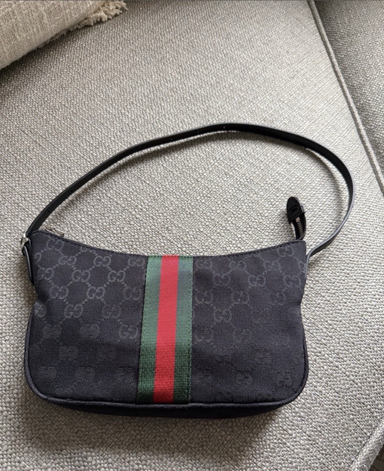 Gucci Lunetta Small Black GG Crossbody Bag Green/Red Web Stripe, Zip Strap