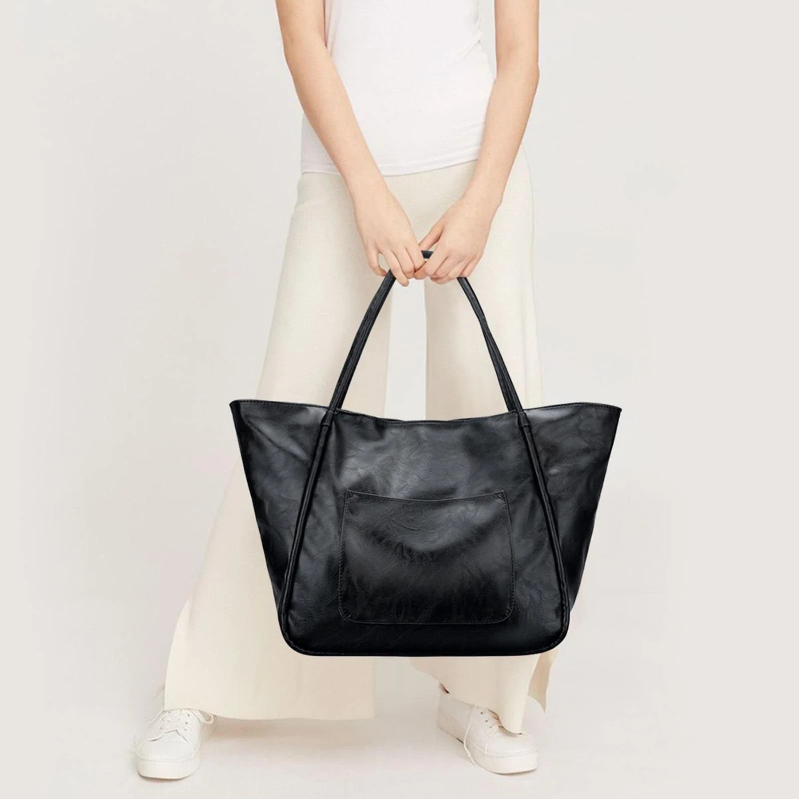 Large Leather Tote Bag for Women – Zipper Travel Purse – Black