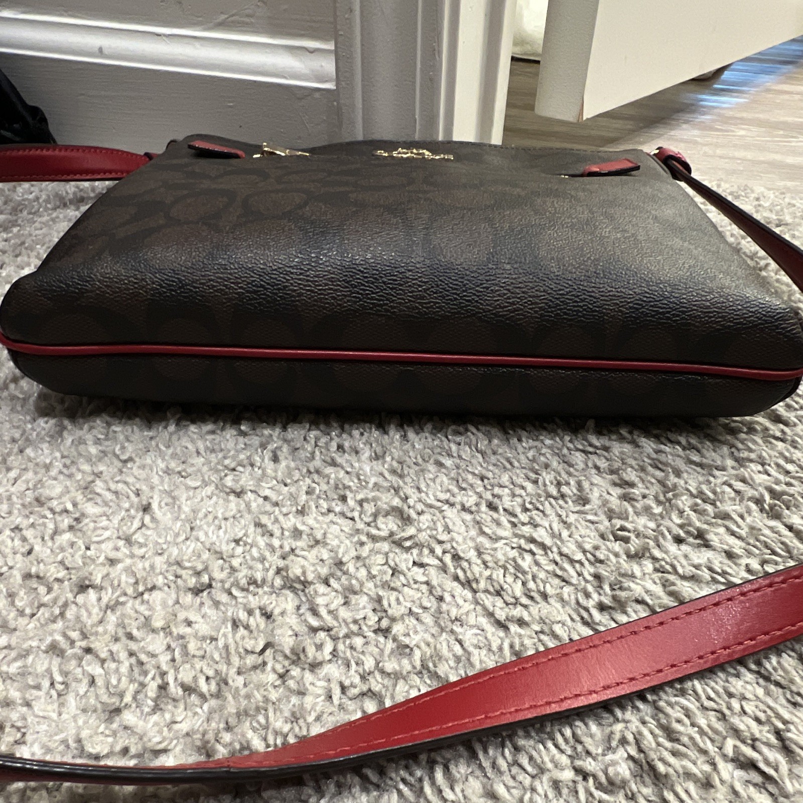 Coach Signature Brown/Burgundy Crossbody Bag Zip Closure Gold Hardware Strap