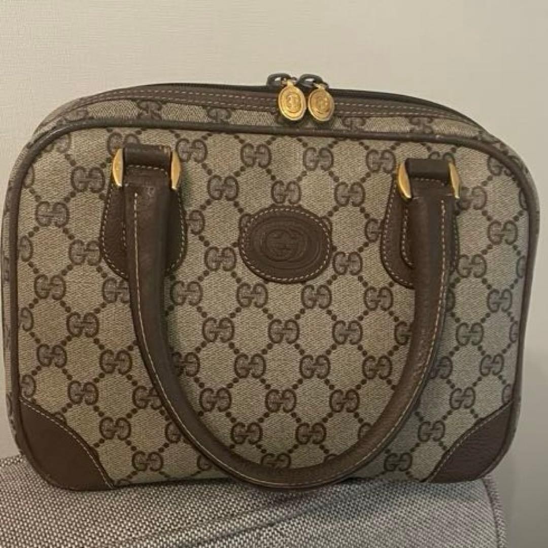 GUCCI GG Shoulder Bag Ziplock Leather PVC Brown Beige Gold Hardware From Japan