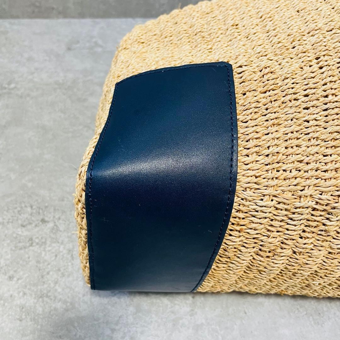Tory Burch Ella Straw Tote Bag Large Woven Raffia Leather Navy 17.3×12.2×5.9in