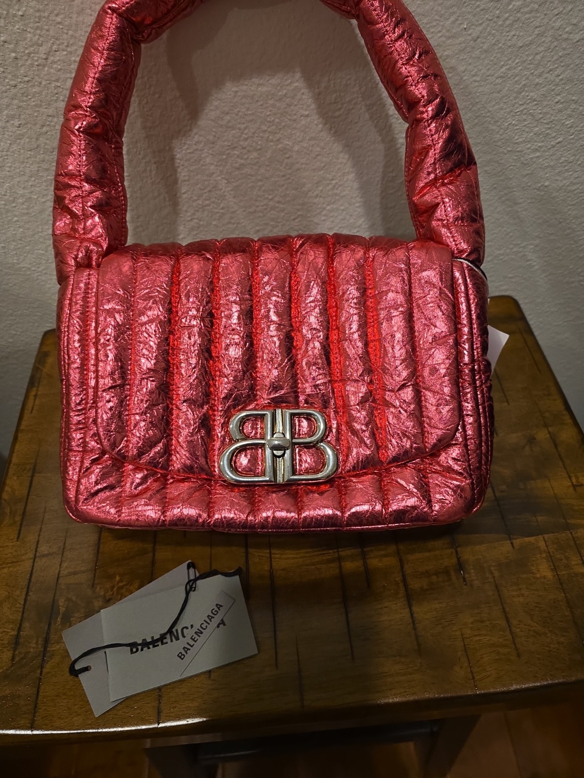Balenciaga Quilted Monaco Tote Bag Bright Pink Metallized Crushed Calfskin