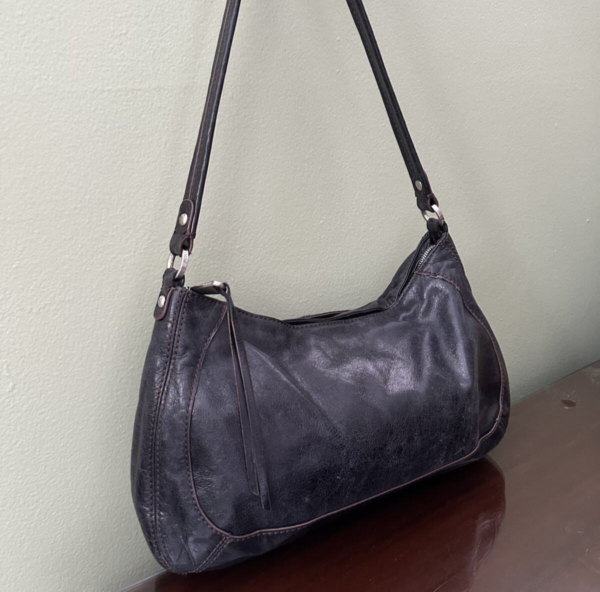 VTG Y2K Leather Hobo Zip Top Shoulder Bag Purse Dark Gray Black Brown Stitching