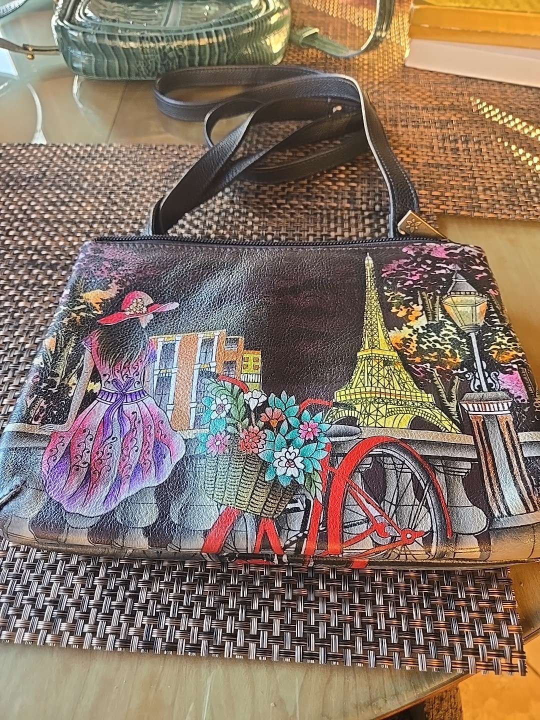 ANUSCHKA Hand Painted “Paris At Night” Leather Crossbody Bag Wearable Art NWT😎