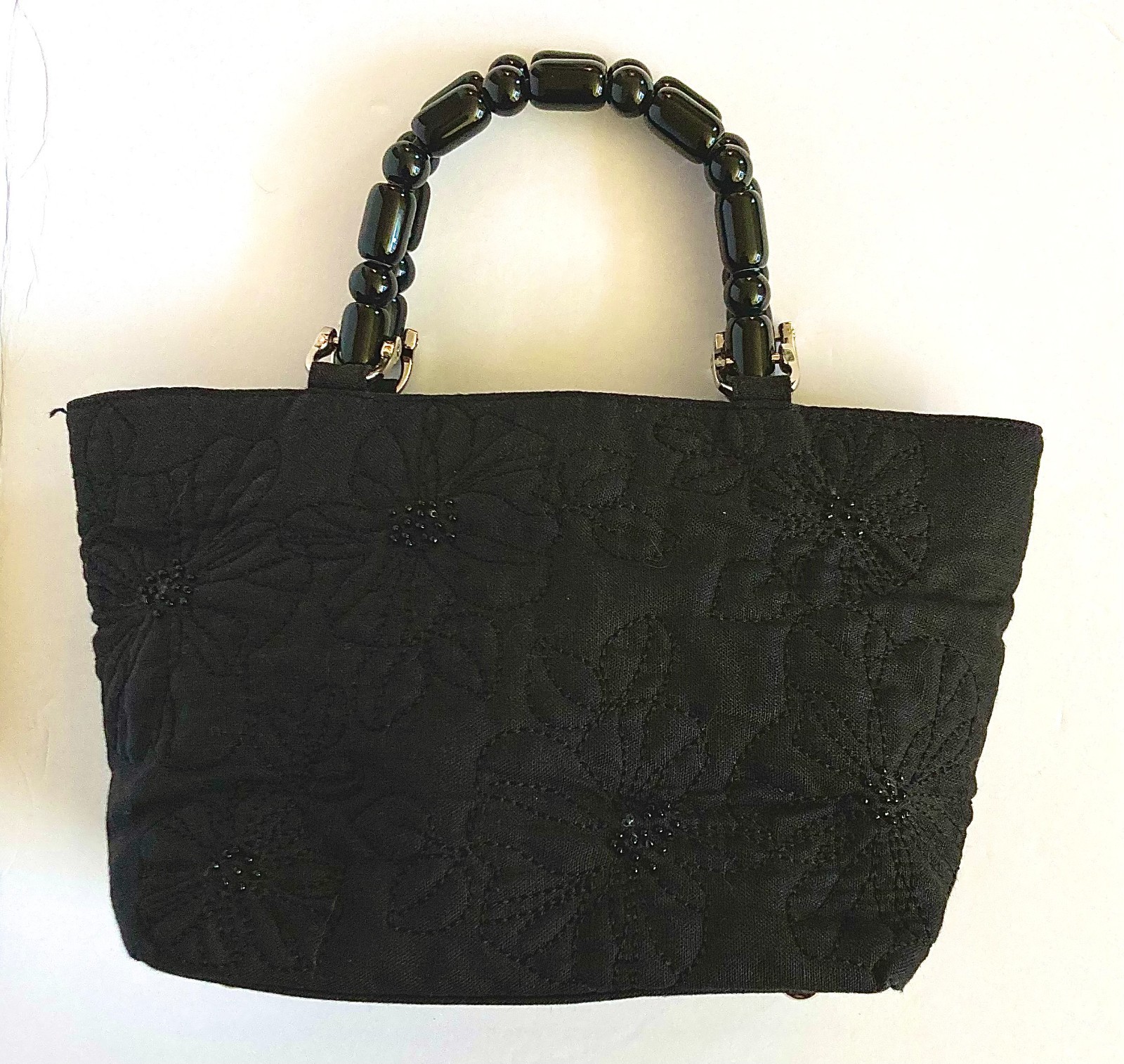 Lovely Talbots Women’s Stiched Fabric Handbag Purse Black Beaded Double Handles