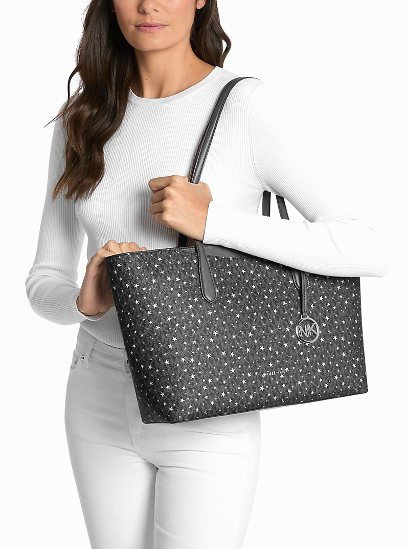 New Michael Kors Arden Large Printed Signature Logo Tote Bag Black Multi