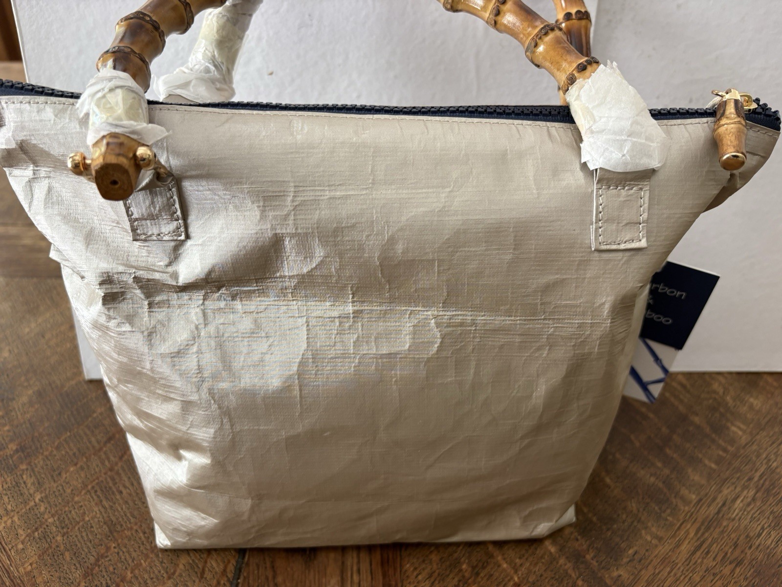 Bourbon &Bamboo Nylon Light Tan /silver Handbag Brown Bamboo Double Handle Chic