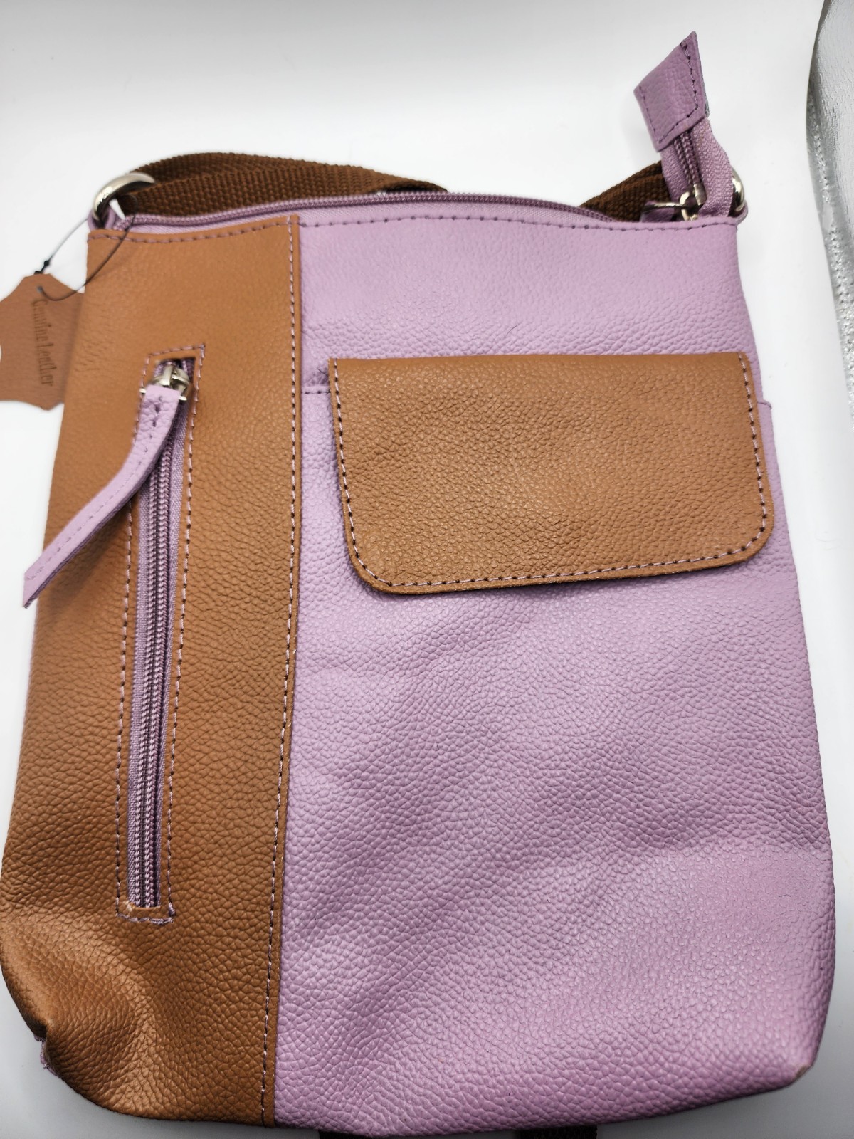 Lilac Lavender Pebbled Leather Crossbody Purse Brown Trim 8 X 9.5in. 3 Pocket