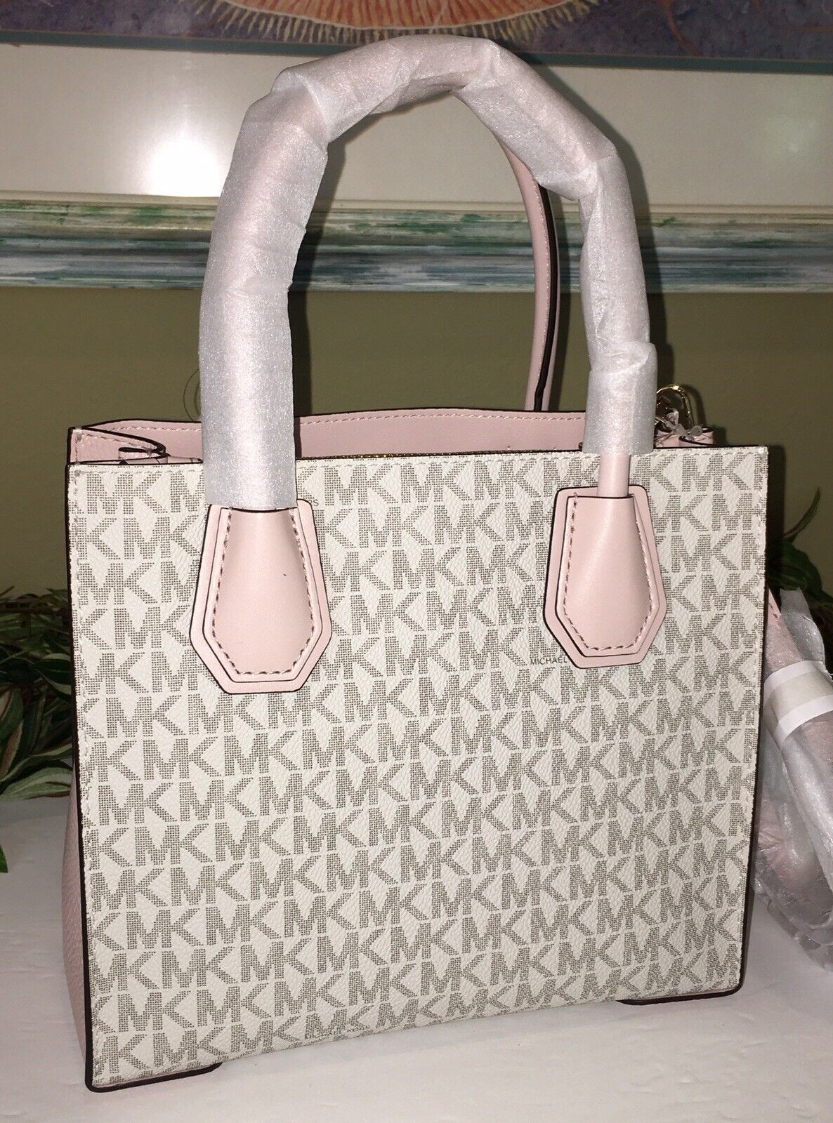 MICHAEL KORS MERCER MEDIUM CROSSBODY MESSENGER BAG MK VANILLA LOGO PINK BLUSH