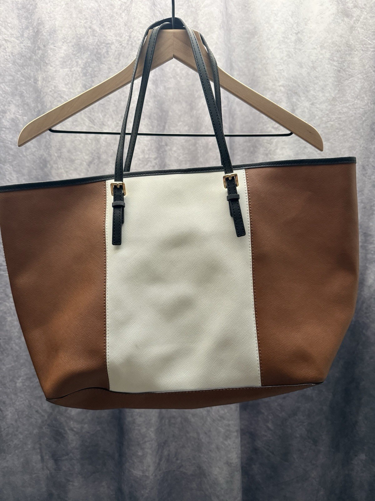 Michael Kors tote, three-tone colorblock design in tan, white, and black.