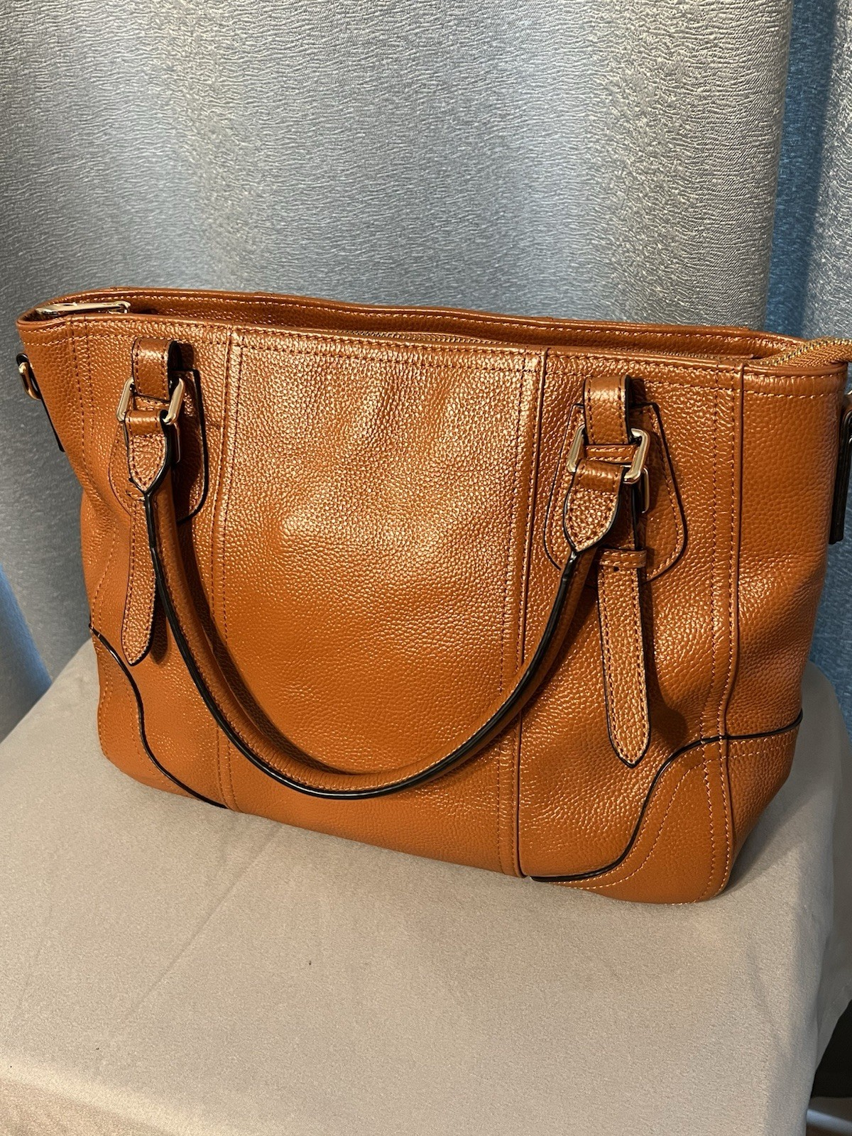 KATTEE Brown Pebbled Leather Handbag Purse Shoulder Bag Satchel 16” x 11” x 5”