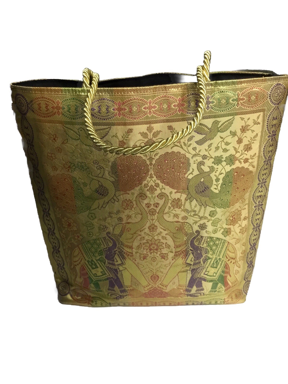 Traditional Indian Banarasi Brocade Silk Handbag Elephants Peacocks Zari Weaving