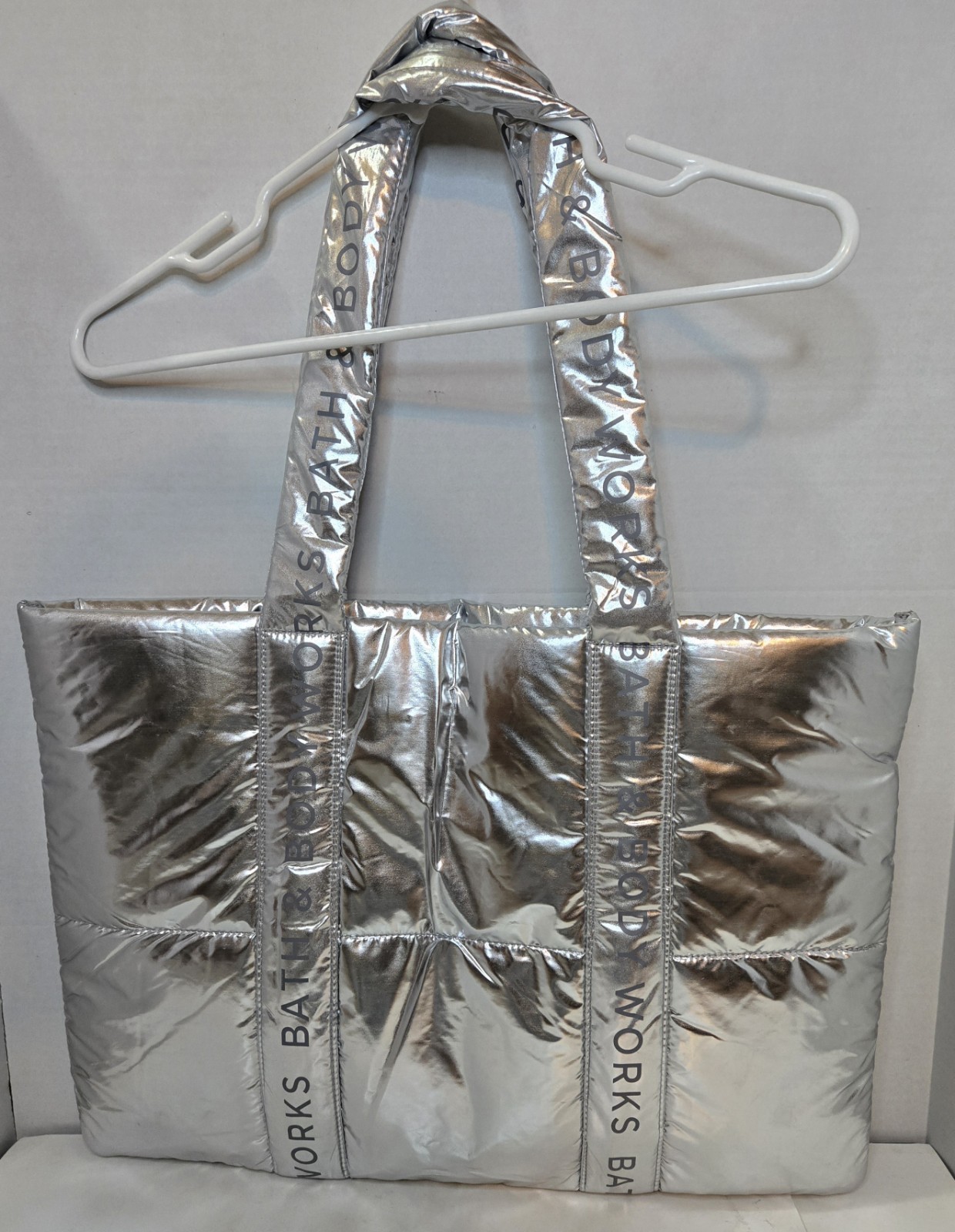 Bath & Body Works 2024 Logo Shiny Silver Puffy Large 20×14.5in Tote Bag
