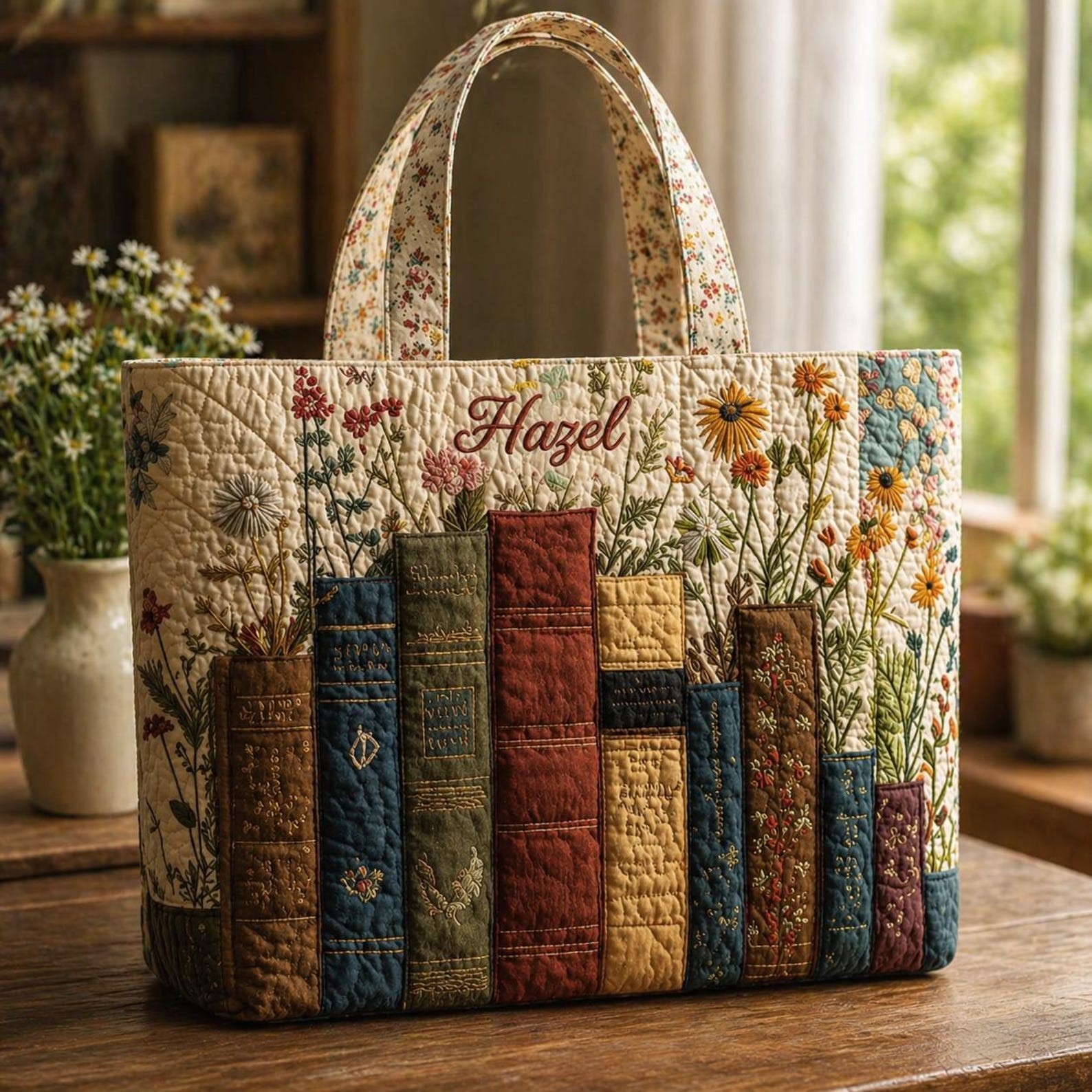 Personalized Vintage Book Quilted Tote Bag, Floral Library Shoulder Bag, Custom